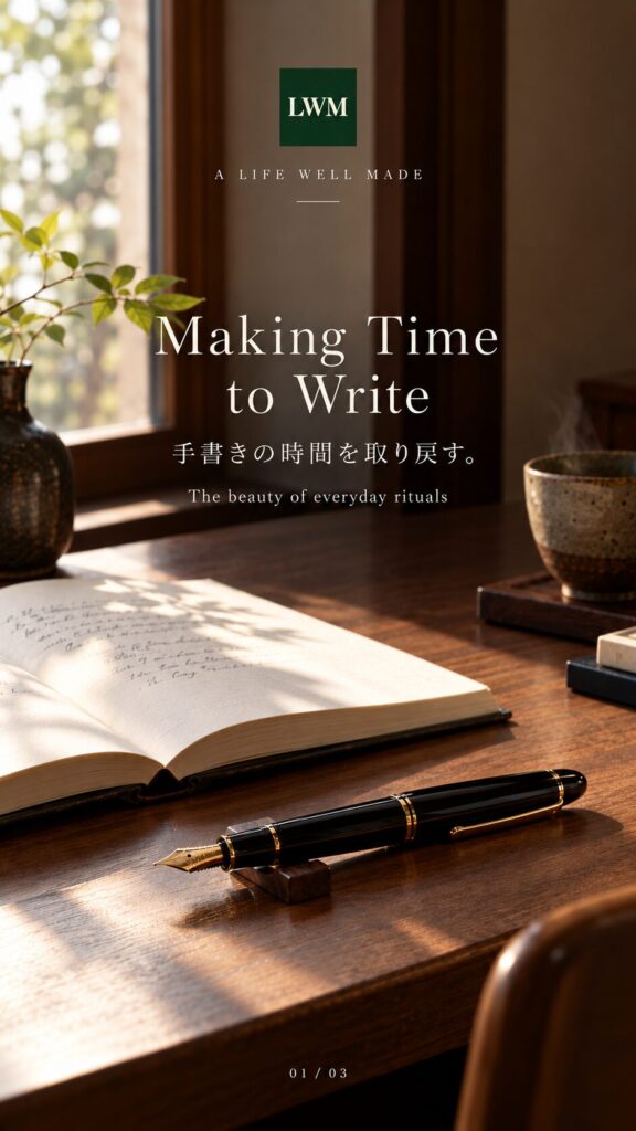 LWMロゴと「手書きの時間を取り戻す。」の見出しを添えた、万年筆とノートのイメージ画像